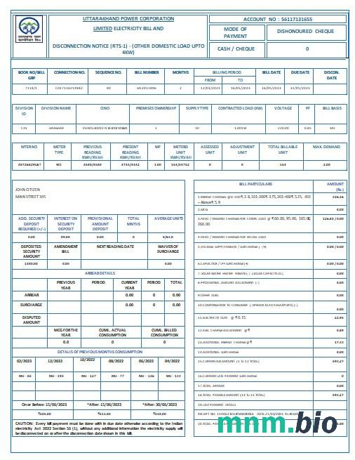 Indie Uttarakhand Power Corporation elektryczność rachunek za media Word i formaty PDF